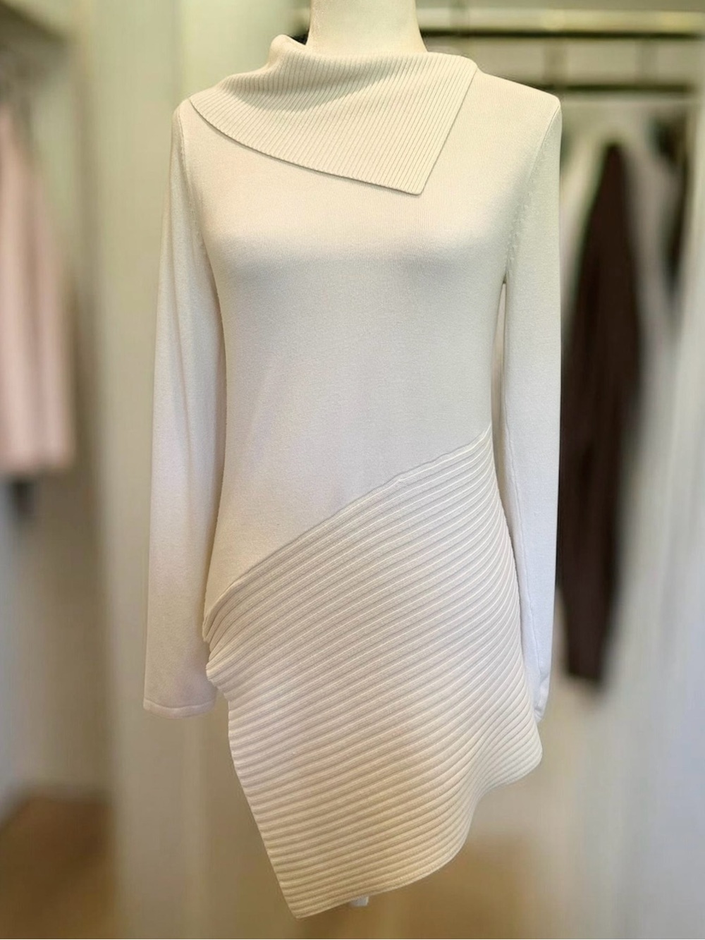 White Asymmetrical Ribbed Cowl Neck Sweater Size M